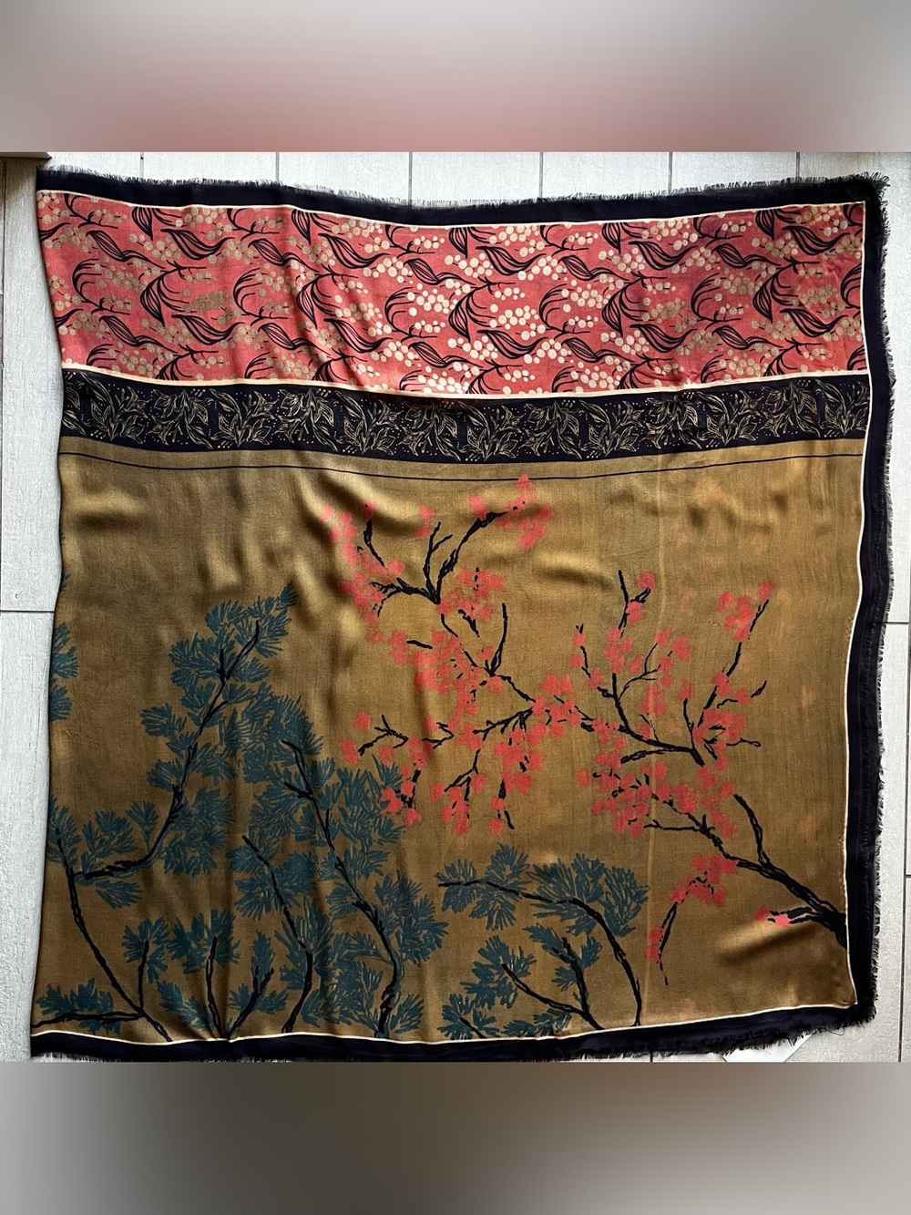 NWT ZARA | Botanical Floral Print Scarf Cotton Multicolored Frayed Edges